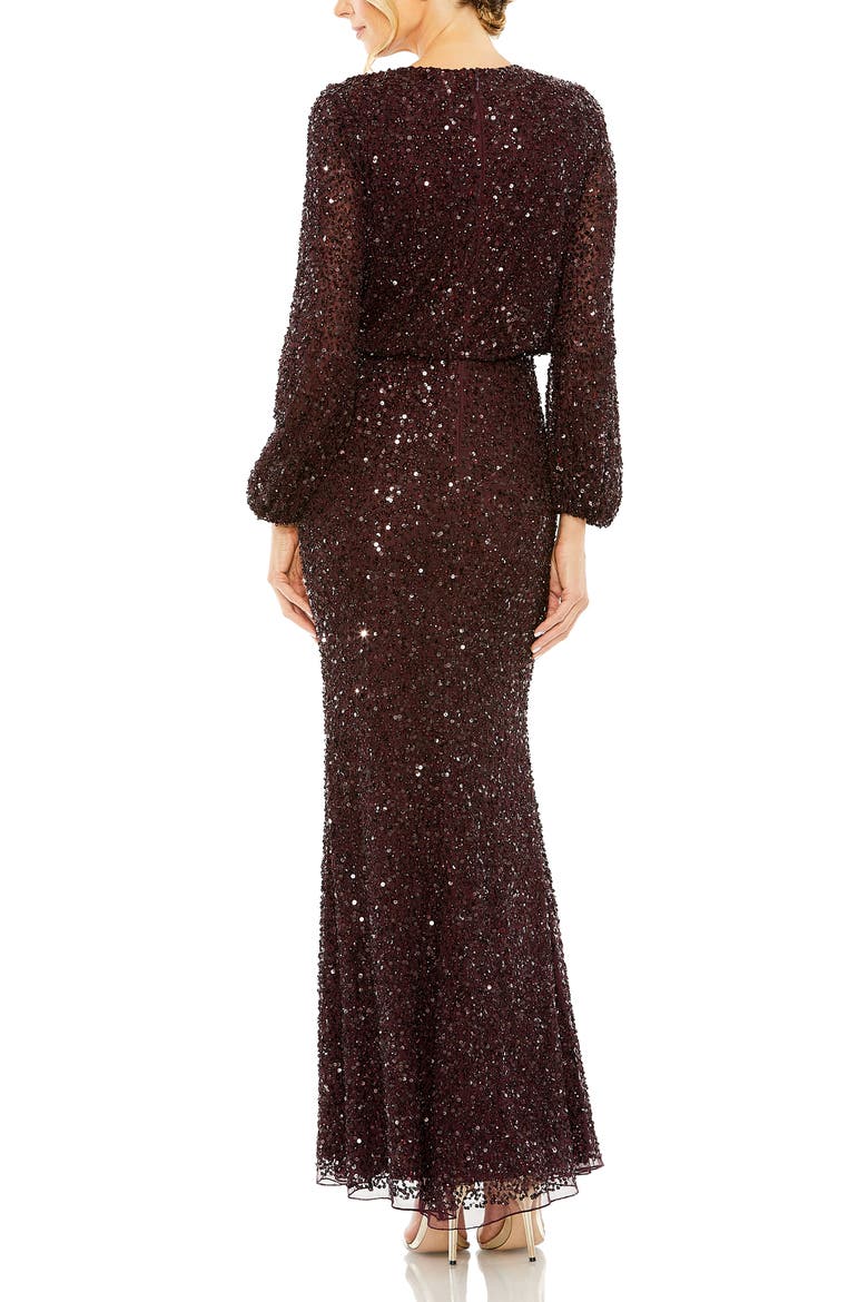 High Neck Long Sleeve Beaded Blouson Gown, Alternate, color, Blackberry