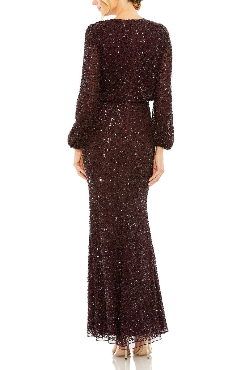 Mac Duggal High Neck Long Sleeve Beaded Blouson Gown, Alternate, color, Blackberry
