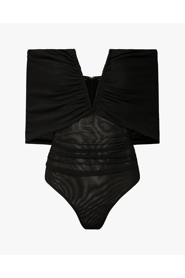 Ruched Off Shoulder Bodysuit, Alternate, color, BLACK