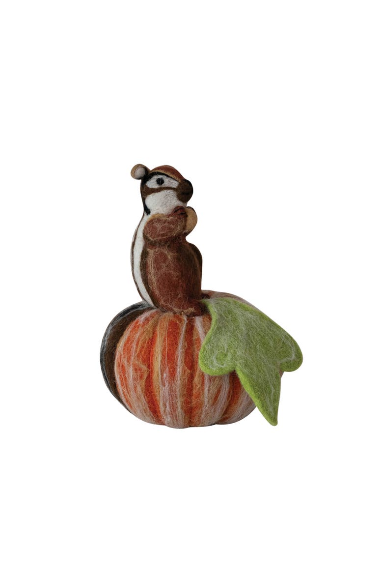 Whimsical Wool Felt Squirrel Figurine on Pumpkin, Main, color, Multicolor