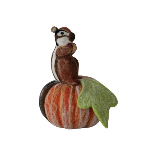 Whimsical Wool Felt Squirrel Figurine on Pumpkin