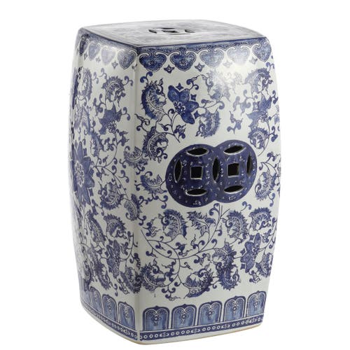 Jonathan Y Floral Vine 18.5" Chinoiserie Ceramice Square Garden Stool In Blue/white
