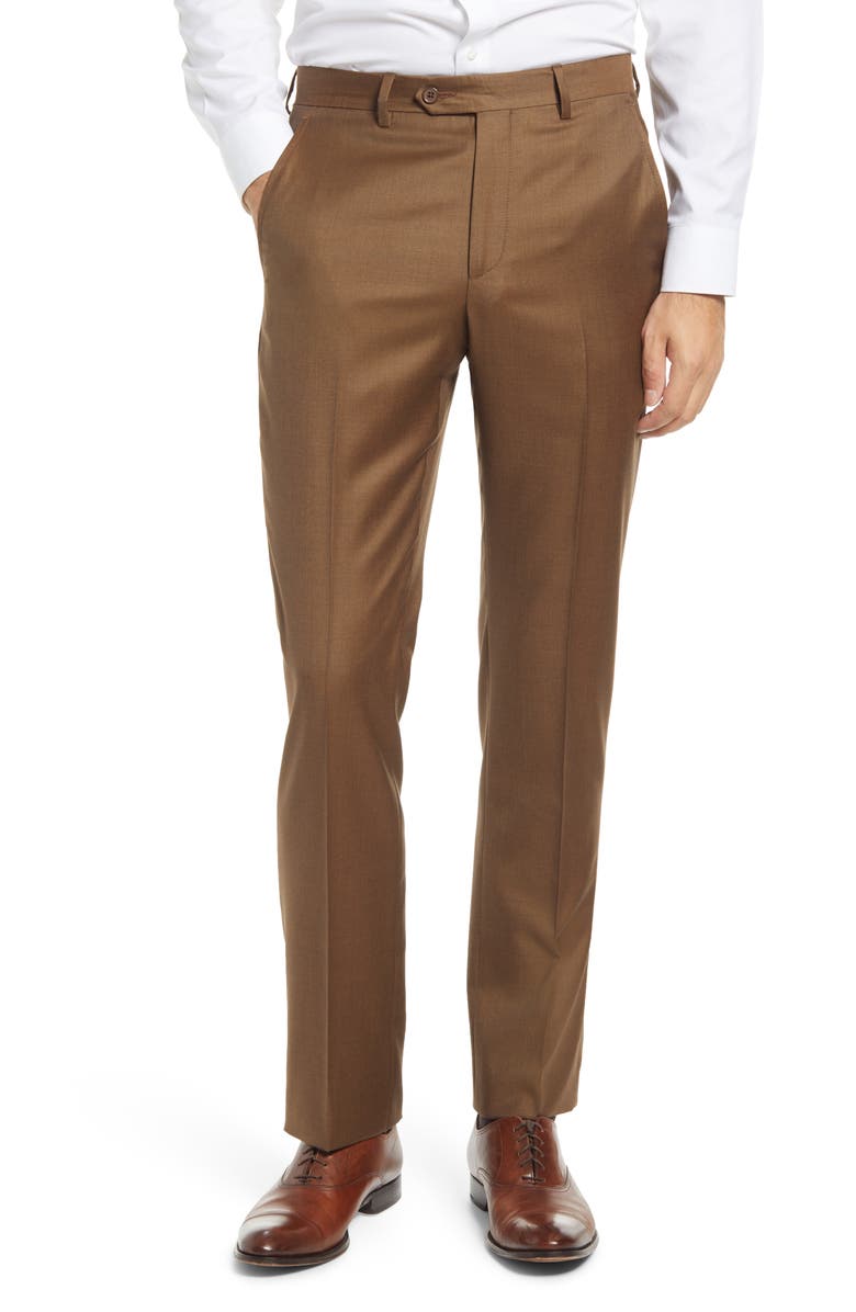 Santorelli Roma Flat Front Loro Piana Wool Serge Dress Pants, Main, color, Tobacco