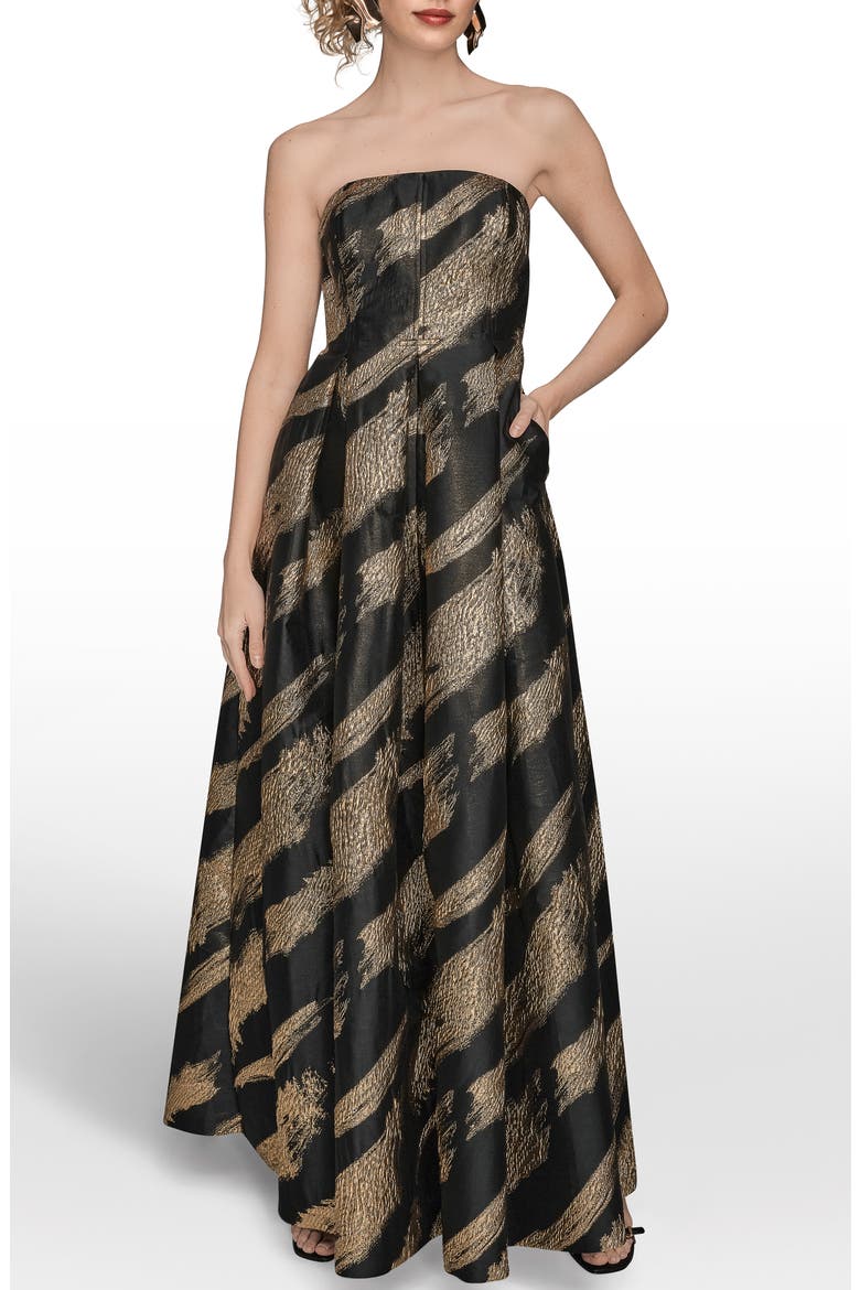 Strapless Fit & Flare Gown, Main, color, BLACK/ GOLD