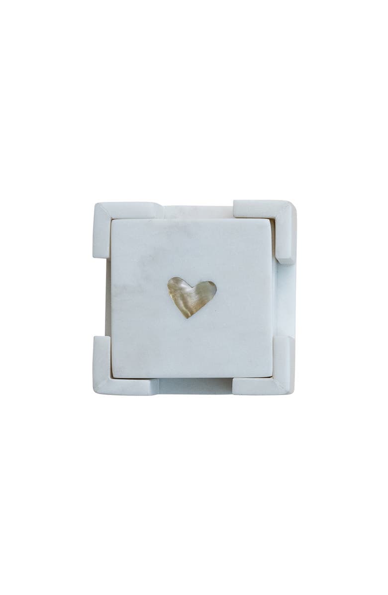 Storied Home Marble Coasters with Heart Shaped Mother of Pearl Inlay, White and Natural, Main, color, White