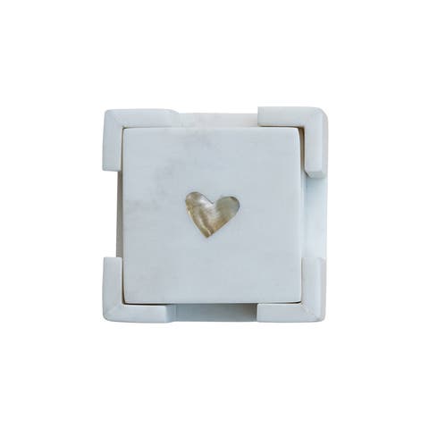 Marble Coasters with Heart Shaped Mother of Pearl Inlay, White and Natural