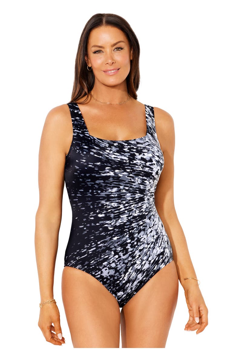 Chlorine Resistant Square Neck One Piece Swimsuit, Main, color, Black White Sunburst