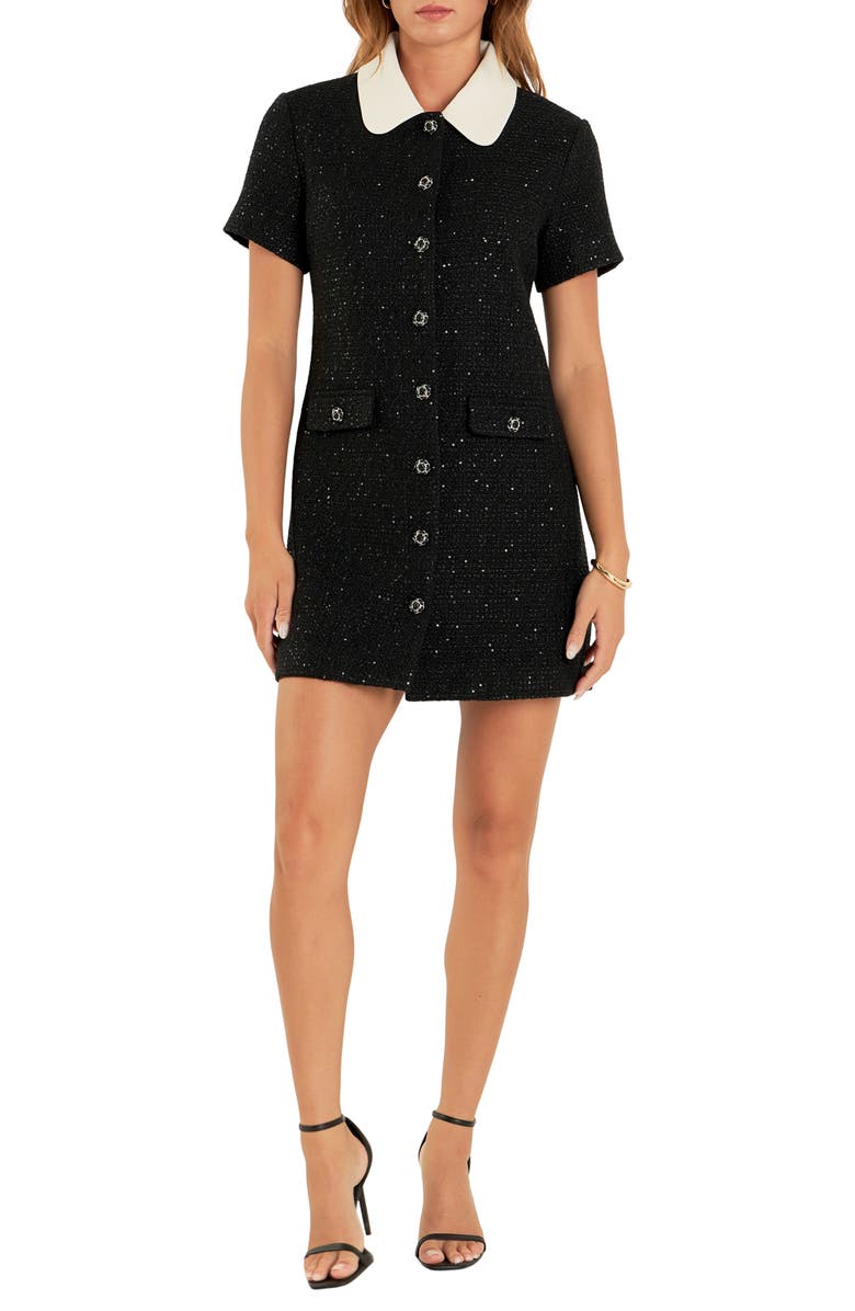 English Factory Sequin Tweed Button Up Minidress, Main, color, Black