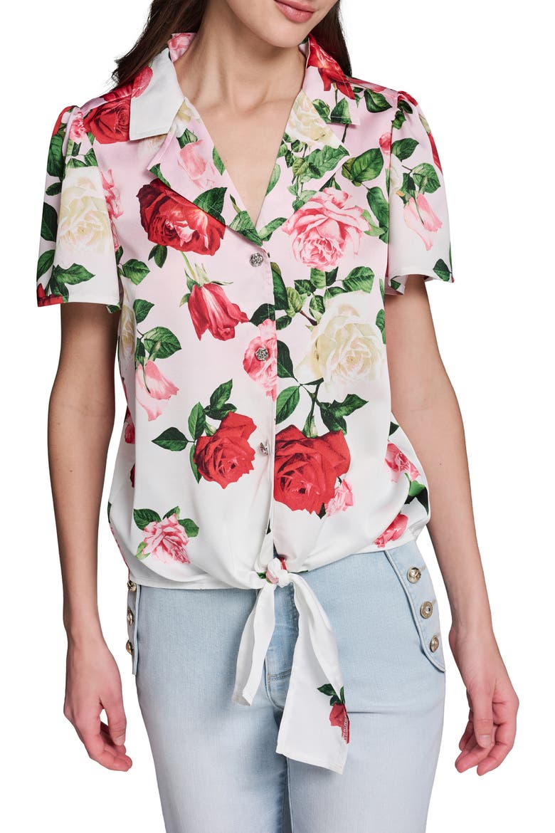 Rose Tie Front Button-Up Shirt, Main, color, CORNELIA ROSE/ SFT WHT MULTI
