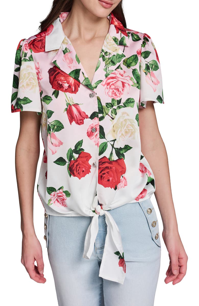 KARL LAGERFELD PARIS Rose Tie Front Button-Up Shirt, Main, color, Cornelia Rose/ Sft Wht Multi