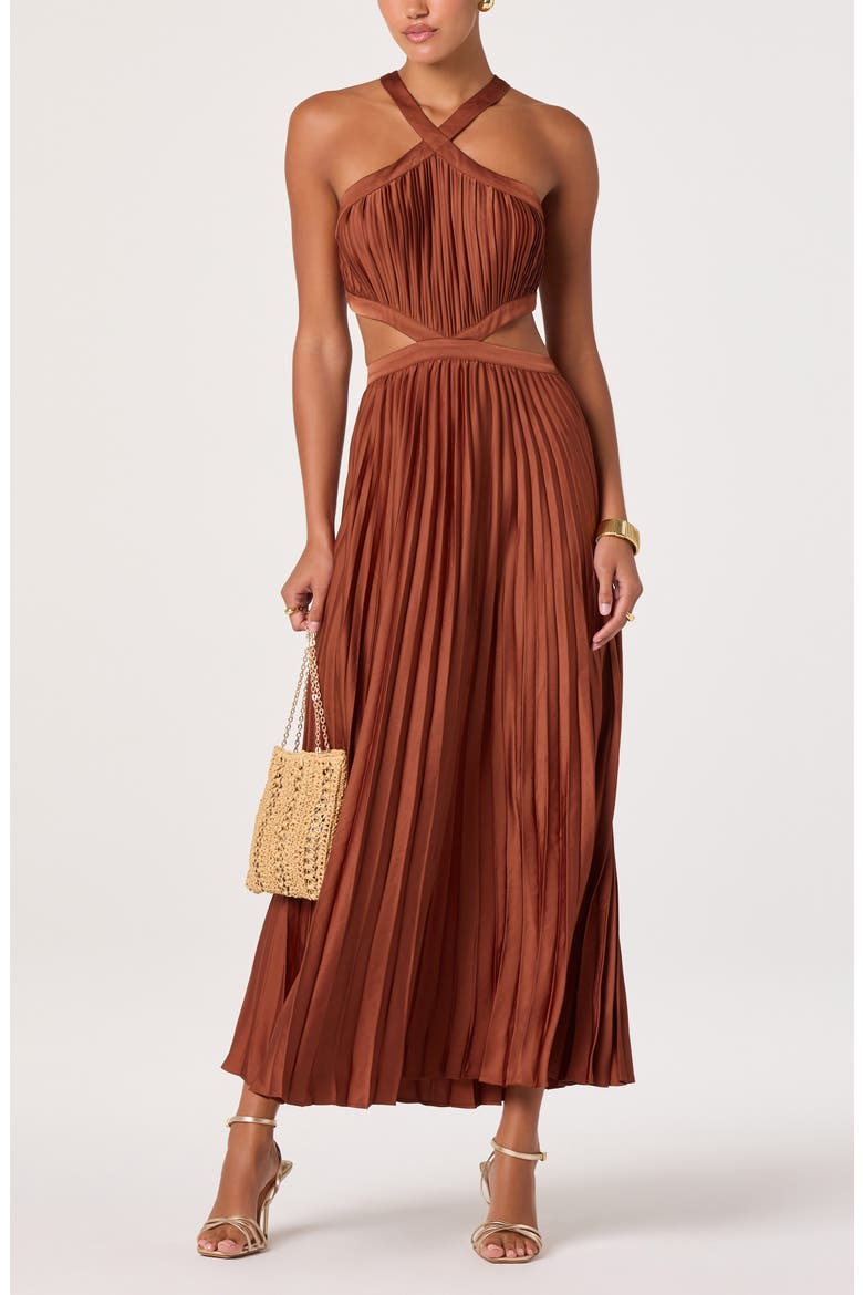 Vera Pleated Cutout Satin Maxi Dress, Alternate, color, RUST