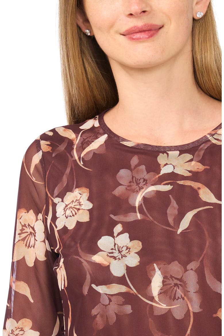 Floral Print Long Sleeve Mesh Top, Alternate, color, PUCE