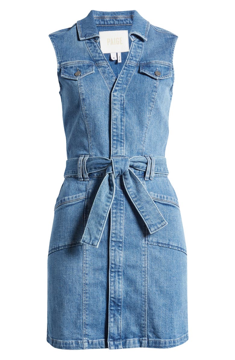 PAIGE Kelsee Tie Belt Sleeveless Denim Mini Shirtdress, Alternate, color, Viva
