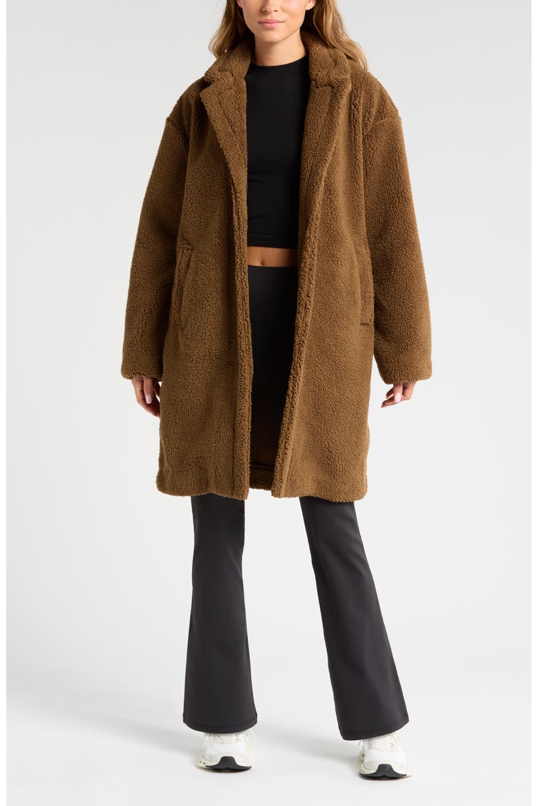Faux Shearling Longline Coat, Main, color, BROWN TEAK