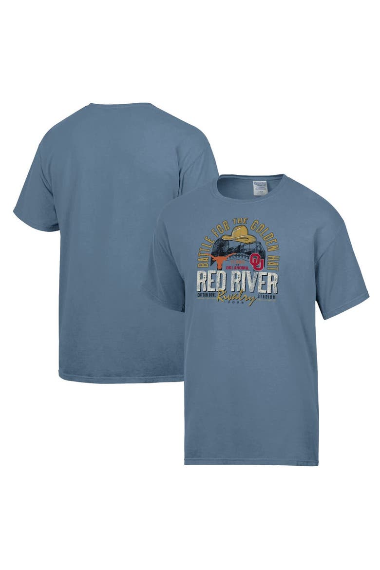 Men's ComfortWash Blue Texas Longhorns vs. Oklahoma Sooners Red River Rivalry Battle For The Golden Hat Matchup T-Shirt, Main, color, Blue