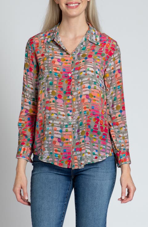 Print Roll-Up Sleeve Chiffon Button-Up Shirt