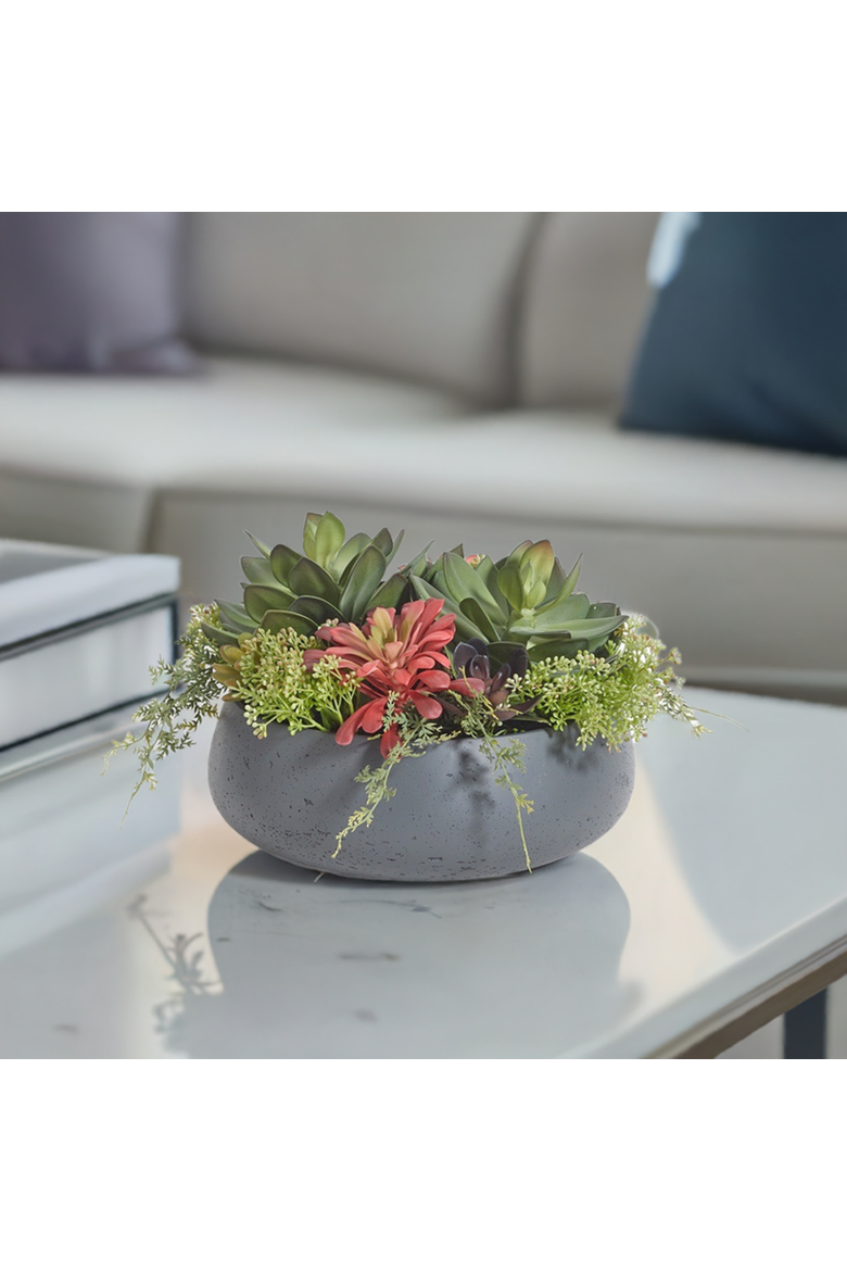 Round Artificial Succulent Arrangement, Gray Planter, Alternate, color, Grey
