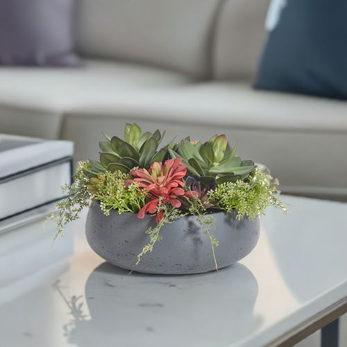 Cg Hunter Round Artificial Succulent Arrangement, Gray Planter In Gray