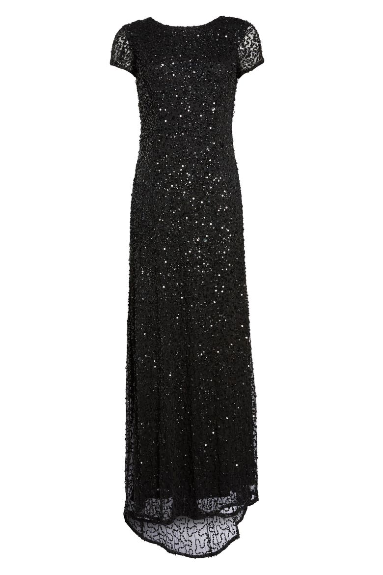 Short Sleeve Sequin Mesh Gown, Main, color, BLACK