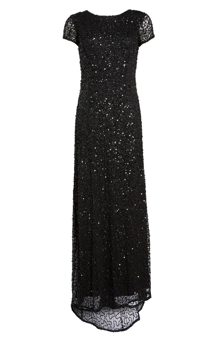 Adrianna Papell Short Sleeve Sequin Mesh Gown, Main, color,