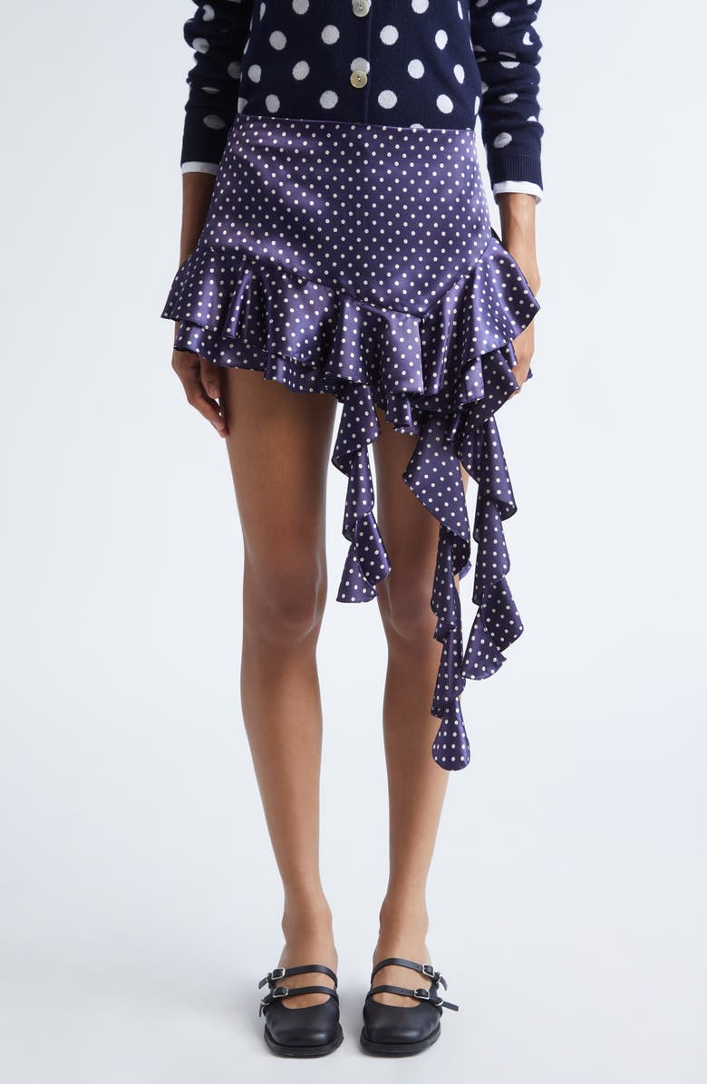 Sandy Liang Lucy Polka Dot Asymmetric Satin Skirt, Main, color, Navy Multi