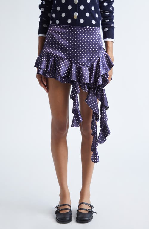 Sandy Liang Lucy Polka Dot Asymmetric Satin Skirt in Navy Multi 