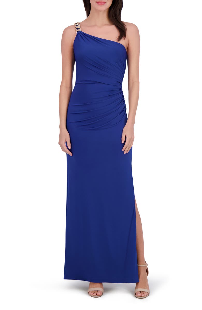 Vince Camuto Ruched Chain Detail One-Shoulder Gown, Alternate, color, Cobalt
