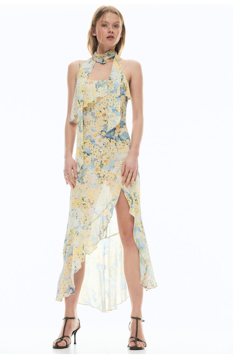 H&M Flounced chiffon dress with scarf, Main, color, Light Yellow/Floral