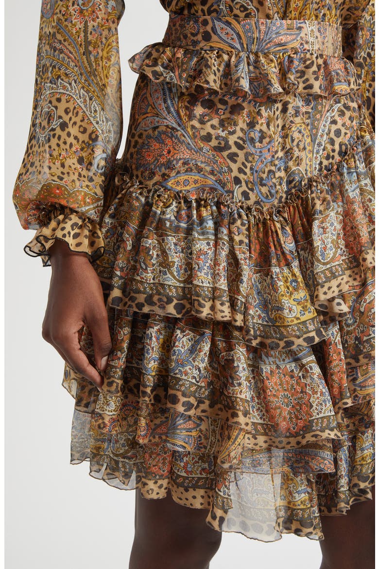 Paisley Leopart Spot Tiered High-Low Silk Miniskirt, Alternate, color, DARK BROWN