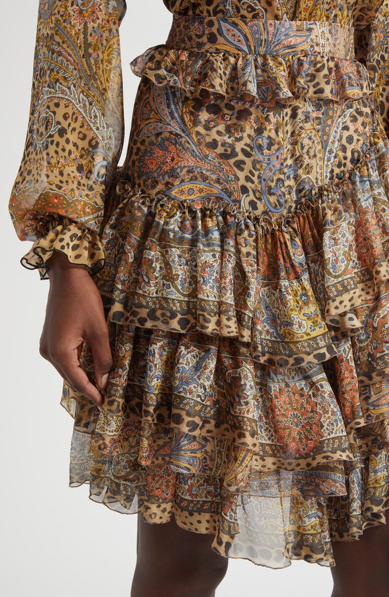 Etro Paisley Leopart Spot Tiered High-Low Silk Miniskirt, Alternate, color, Dark Brown