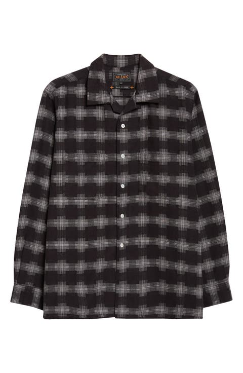 Open Collar Brushed Plaid Flannel Button-Up Shirt