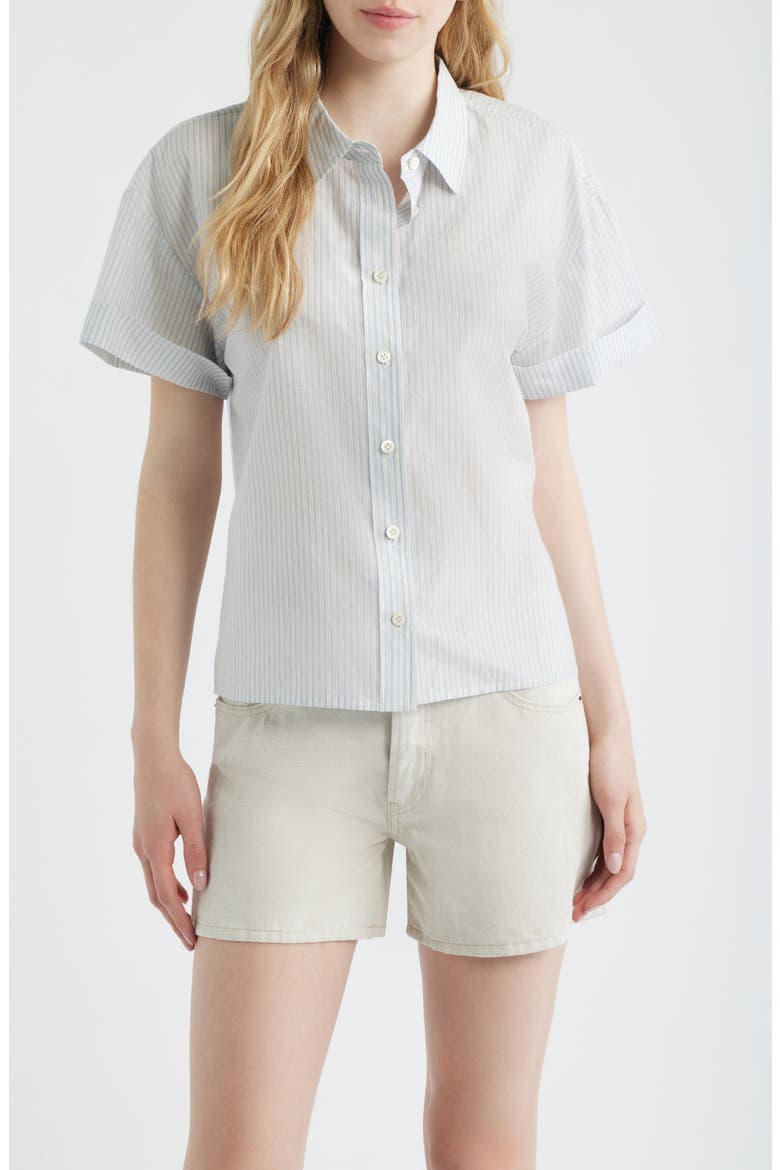 The Boardwalk Stripe Short Sleeve Cotton & Silk Button-Up Shirt, Main, color, OCEAN BLUE MULTI