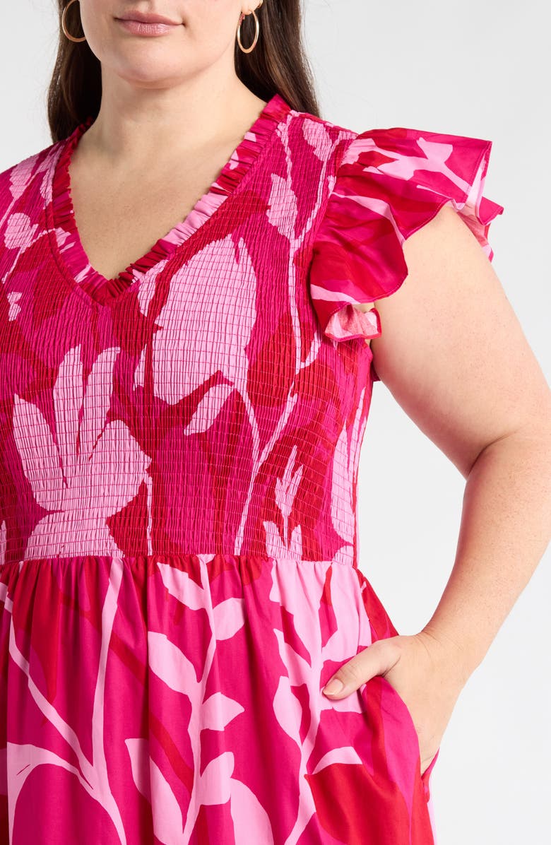 SUGARLIPS Mila Floral Sunfire Smocked Cotton Tiered Maxi Dress, Alternate, color, Magenta-Cherry