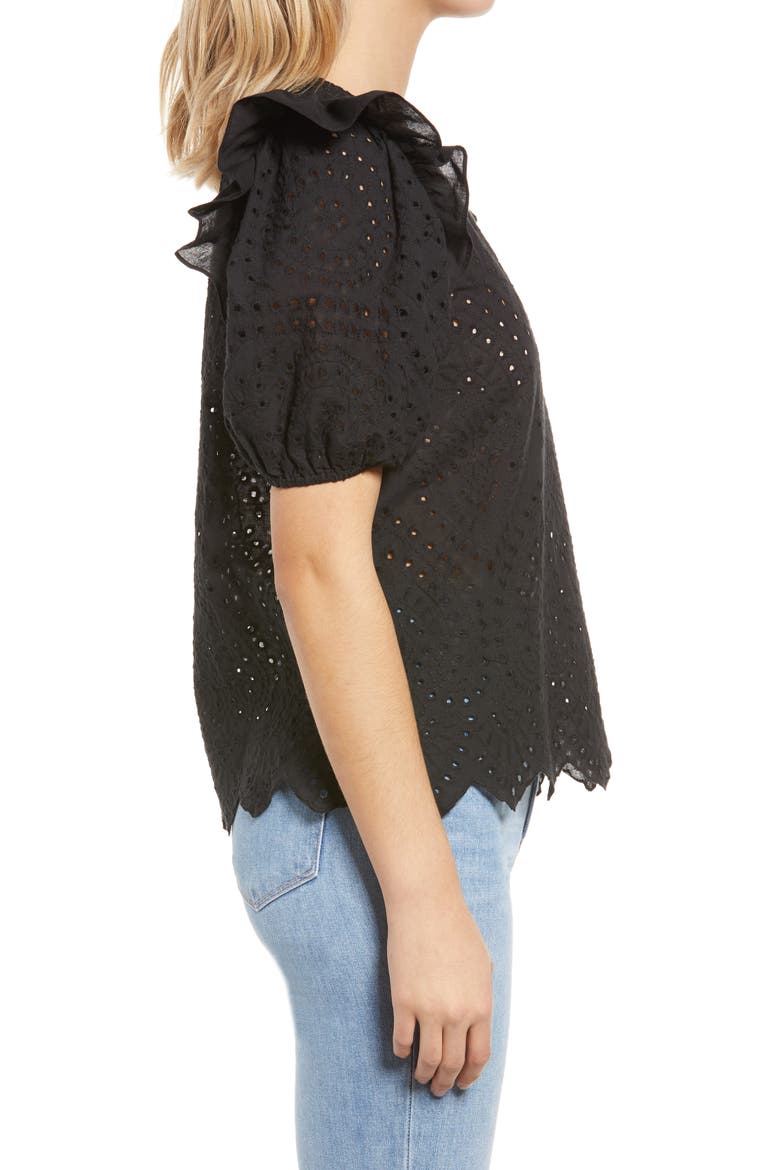 Ruffle Puff Sleeve Cotton Eyelet Top, Alternate, color, BLACK