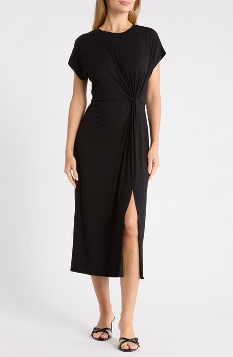 Front Knot Cap Sleeve Midi Dress