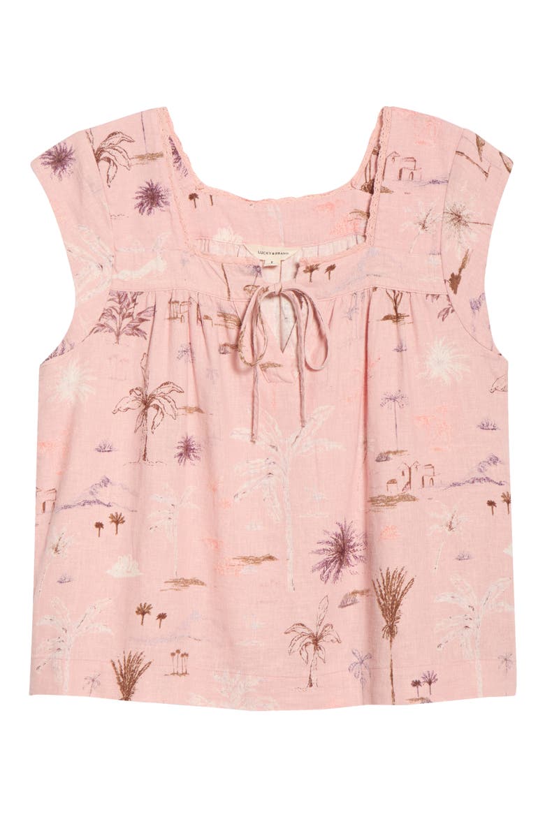 Lace Trim Tie Neck Linen Blend Top, Main, color, MAUVE PALM PRINT