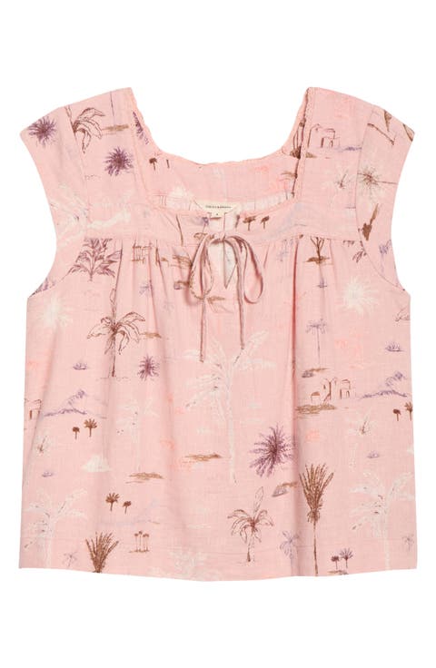 Lace Trim Tie Neck Linen Blend Top