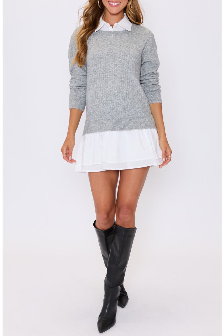 Modern Prep Layered Mixed Media Long Sleeve Minidress, Alternate, color, HEATHER GREY WHITE