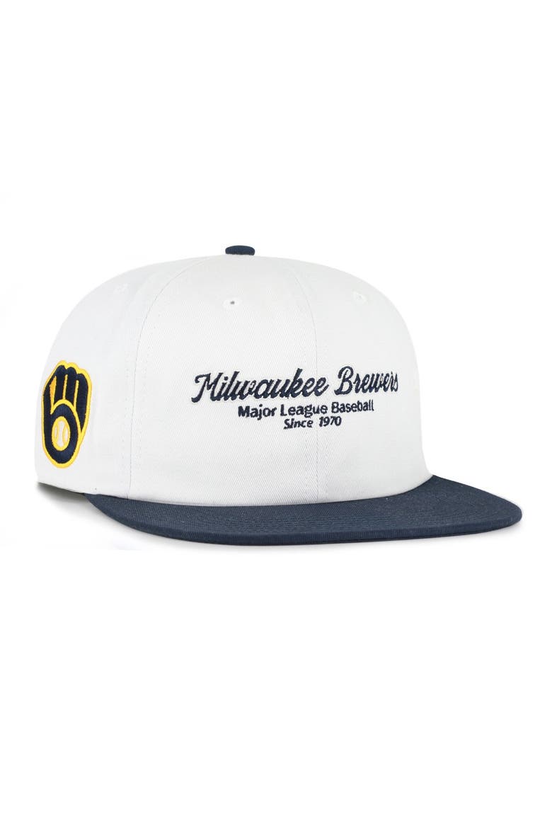 Men's '47 White/Navy Milwaukee Brewers Script Stack Relaxed Captain Snapback, Main, color, White