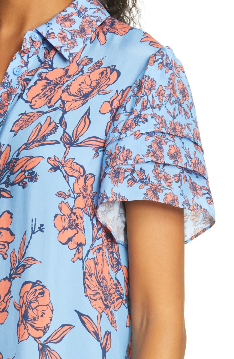 Alice + Olivia Jem Sketch Floral Print Flutter Sleeve Shirtdress, Alternate, color, 