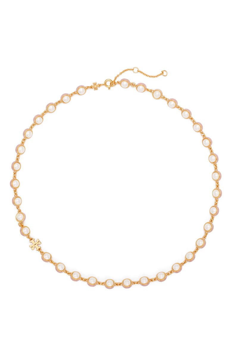 Tory Burch Moondance Faux Pearl Necklace, Main, color, Light Brass / Pearl / Pink
