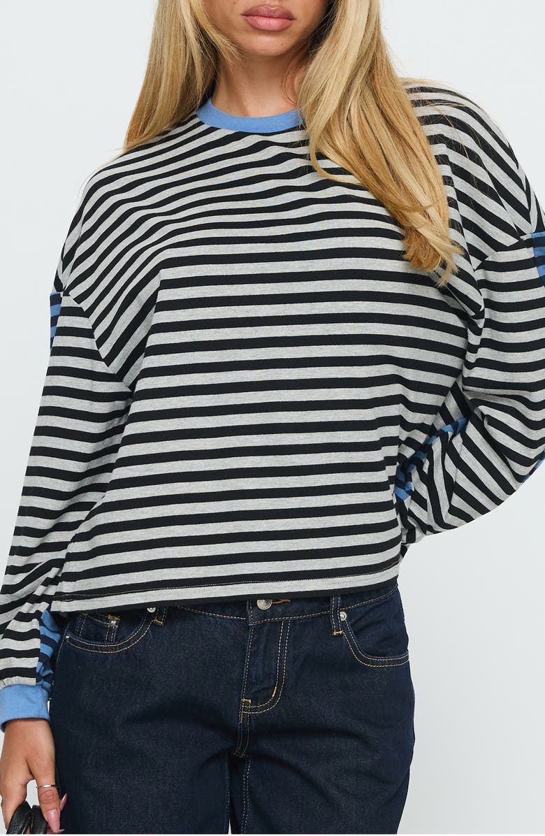Princess Polly Taysha Colorblock Stripe Long Sleeve Stretch Cotton Top, Main, color, Black / Grey Stripe