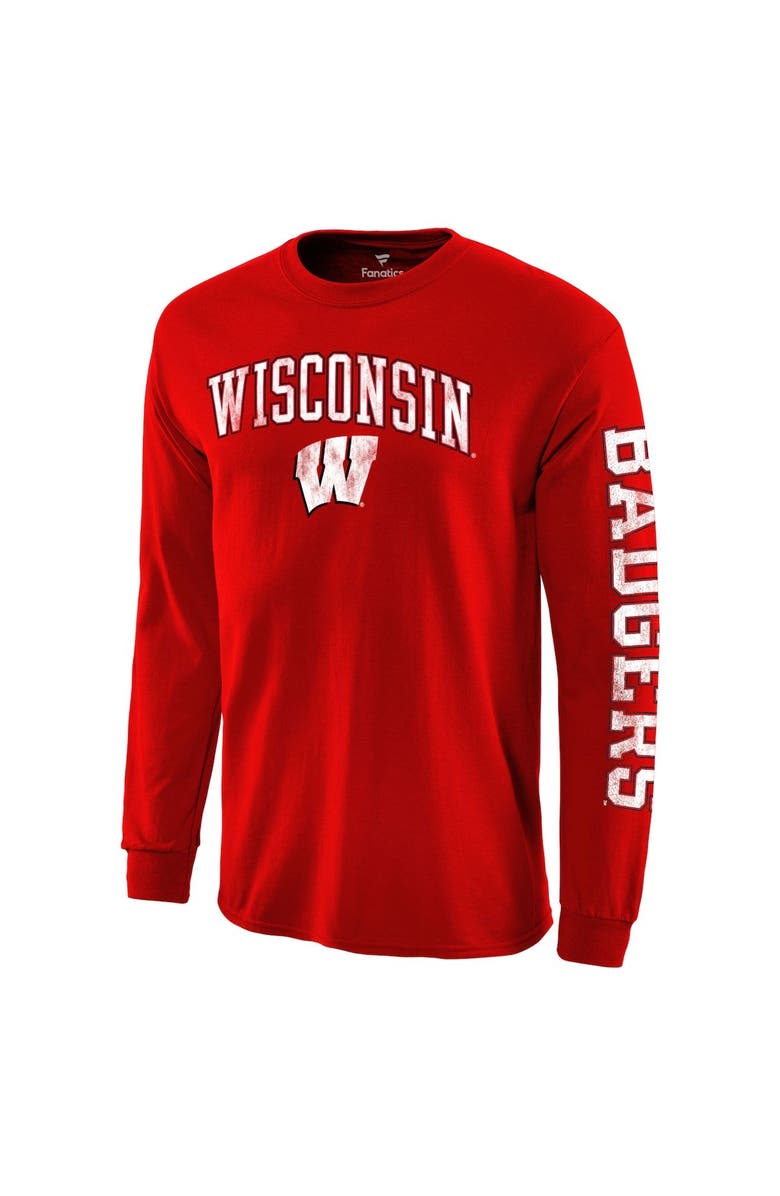 FANATICS Men's Red Wisconsin Badgers Distressed Arch Over Logo Long Sleeve Hit T-Shirt, Alternate, color,