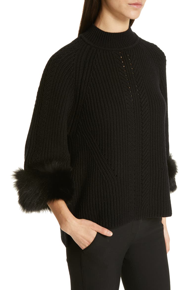 Genuine Fox Fur Cuff Cashmere Sweater, Alternate, color, BLACK