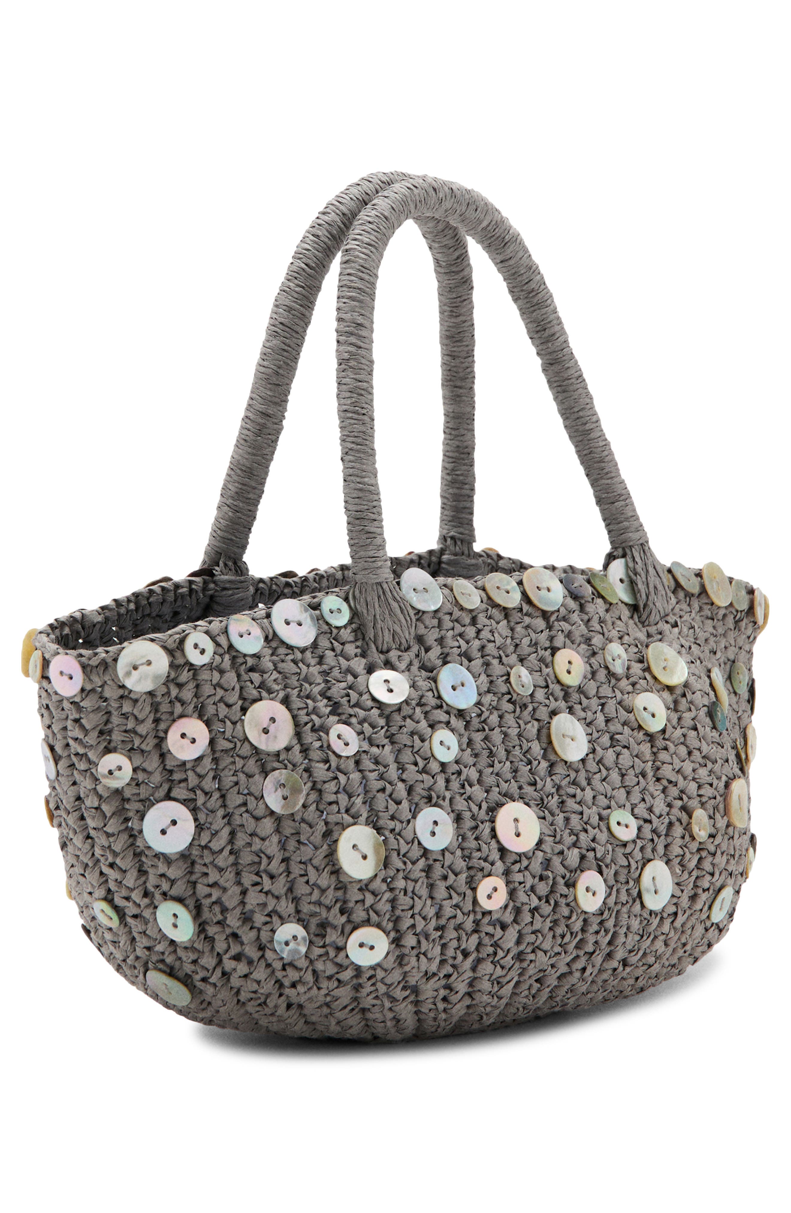 MANGO Button Detail Natural Fiber Top Handle Bag, Alternate, color, Light/ Pastel Grey