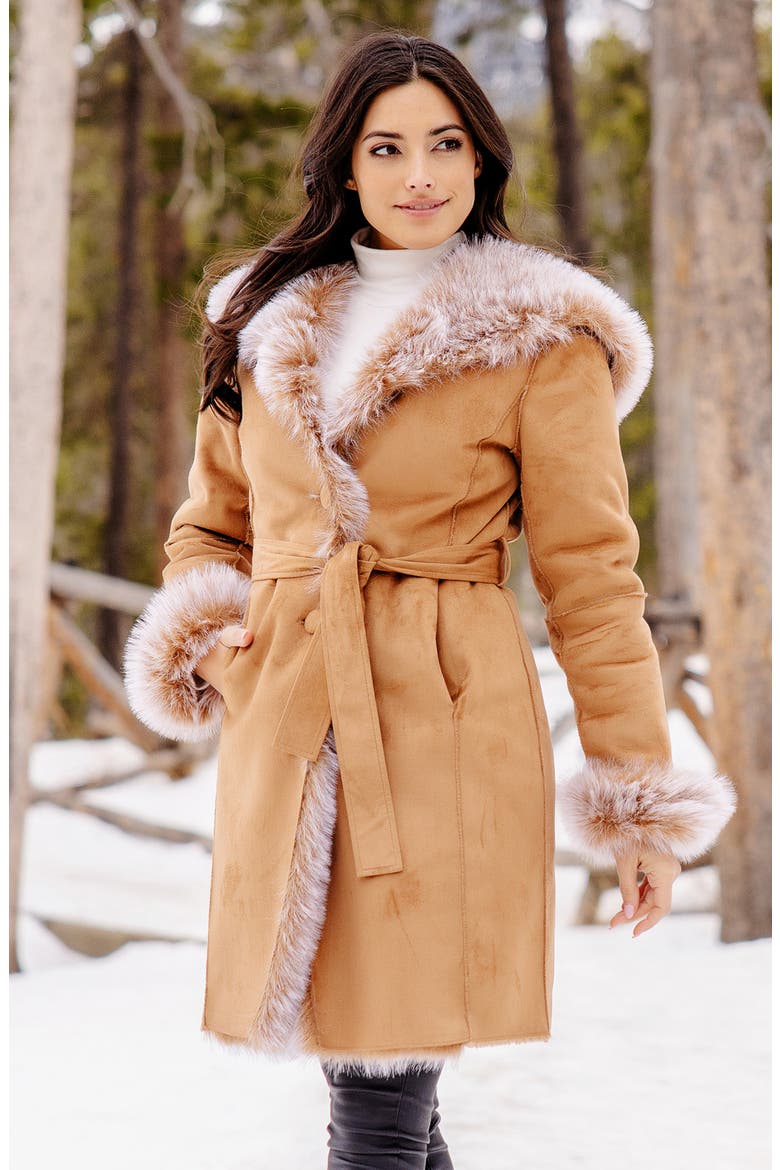 Sundown Faux Fur & Faux Suede Belted Coat, Alternate, color, TOBACCO