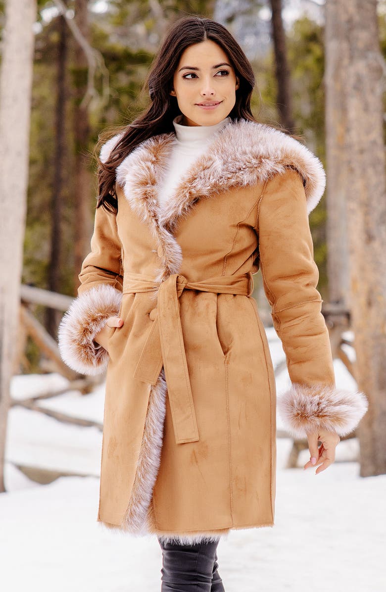 DONNA SALYERS FABULOUS FURS Sundown Faux Fur & Faux Suede Belted Coat, Alternate, color, 