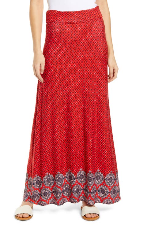 Border Print Roll Top Maxi Skirt