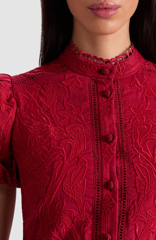 Alice And Olivia Loryn Embroidered Short Sleeve Dress In Burgundy