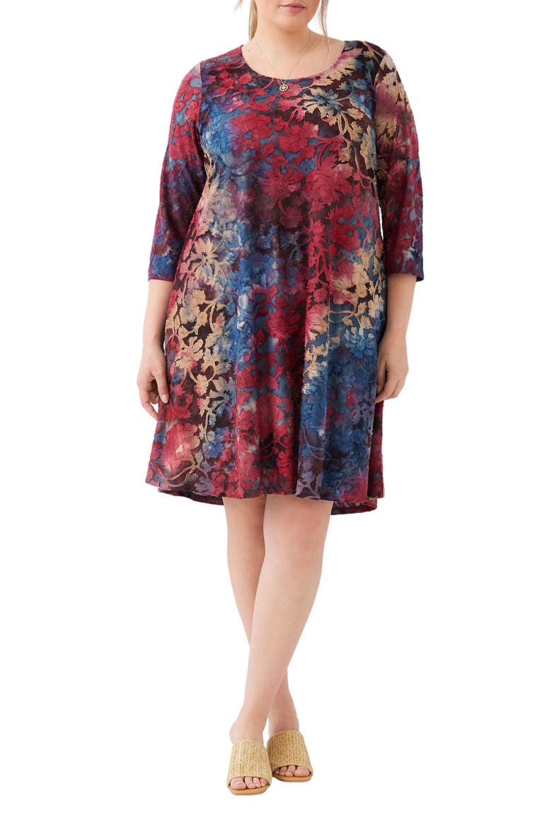 Maggie Floral Three-Quarter Sleeve Jersey Dress, Main, color, WINE